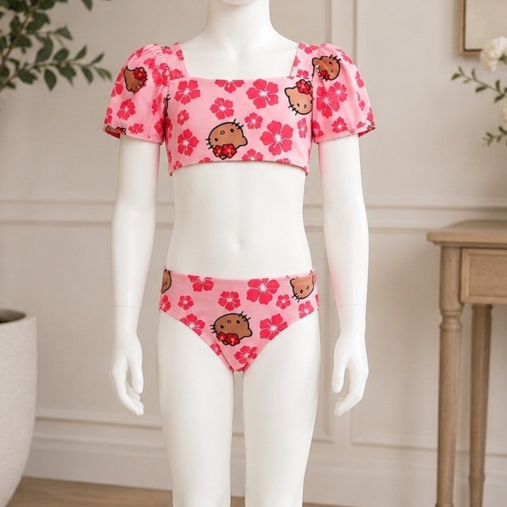 Hello Kitty Girls Bikini Set Hibiscus Floral Pink Puff Sleeve Swimsuit XS 4-5